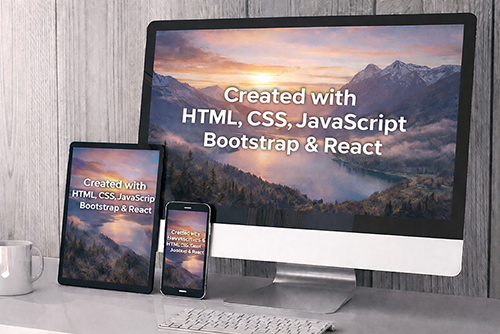 Desktop monitor, tablet, and smartphone displaying a responsive website created with HTML, CSS and JavaScript.