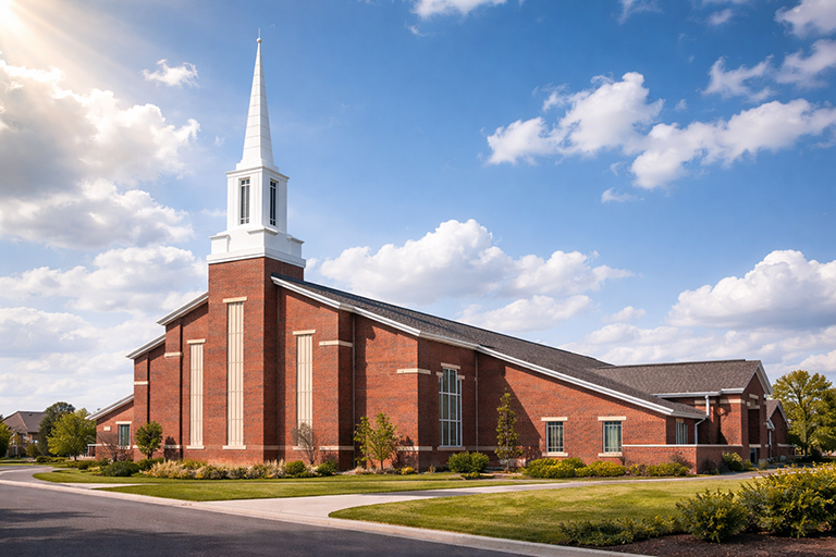 Red brick church with a tall white steeple and vertical windows, seen from the street with a curved driveway and manicured lawn in bright sunlight under a blue sky, exterior conveys a calm welcoming atmosphere